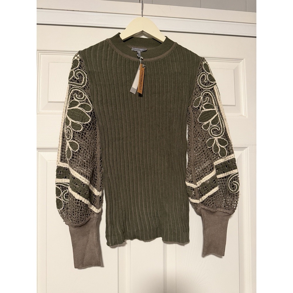 Conditions Apply Anthropologie Embroidered Balloon‎ Sleeve Olive Green Sweater